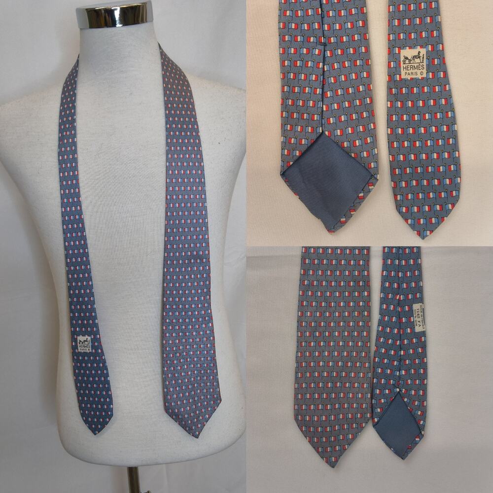 Hermes Blue French Tricolor Flag Print 100% Silk Tie Made in France #W5219